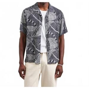 NEW WAX LONDON didcot short sleeve shirt in abstract dotted swirl navy ecru